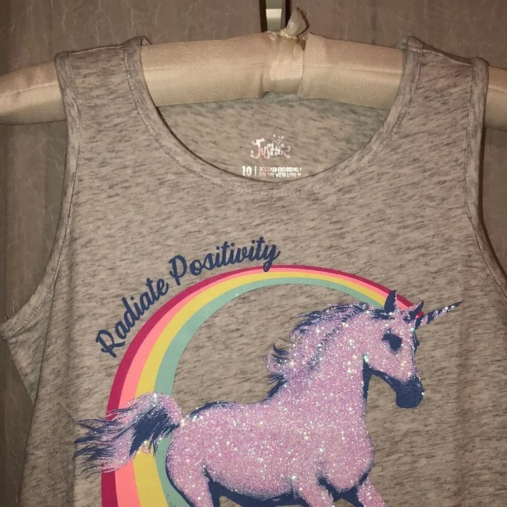 Justice 10 Gray Sleeveless Tank Unicorn Rainbow Glitter Radiate Positivity